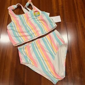 Hurley Girls Bikini Swim Set Two Piece Pale Ivory Pastel Multi Stripe Kids Sz 12